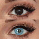 Before and after wearing Mesiru Firework Blue Contact Lenses