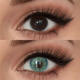 Before and after wearing Mesiru Firework Green Contact Lenses