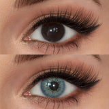 Before and after wearing Mesiru Firework Green-Gray Contact Lenses